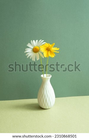 Vase of white and yellow flower on table. green wall background. minimal object