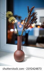Vase Wild Flowers Window Bouquet Of Wild Flowers In A Vase On The Windowsill. Floral Home Decoration.