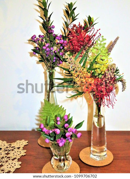 Vases Australian Native Flowers Including Grevillea Stock Photo