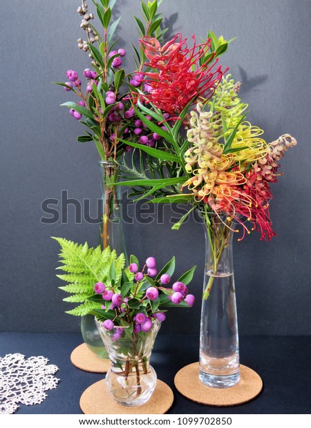 Vases Mixed Flowers Including Grevilleas Fern Stock Photo Edit