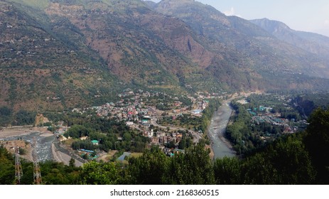 Vashing Biasar Beautiful Ariel View Of Himalayan Town From Kullu And Manali Leh National Highway 3 District Kullu Himachal Pradesh INDIA Image Taken On 10 May 2022 . Shallow Depth Of Field.