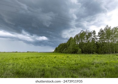 A vast, green field stretches out before a line of trees, with a dramatic storm cloud rolling in overhead. - Powered by Shutterstock