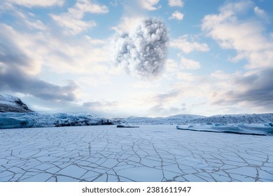 A vast icy landscape with cracked ground, overlooked by snowy mountains and a surreal heart-shape cloud in the sky. - Powered by Shutterstock