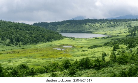 A vast meadow stretches out across rolling hills, leading toward a tranquil lake surrounded by dense vegetation. The lush green field contrasts with the mist-covered hills in the distance, while the p - Powered by Shutterstock