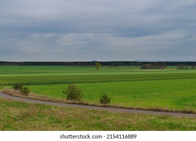 A vast plain covered with arable fields and meadows. You can see clumps of trees in some places. The sky is slightly cloudy. Photo from the drone.