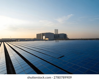 Vast solar panel array with industrial facility in background during sunset