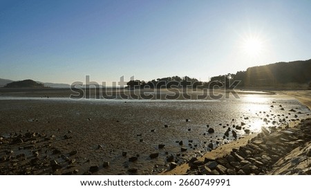 Vast Tidal Mudflat at Low Tide Revealing Island Coastline and Serene Sea under Clear Sky