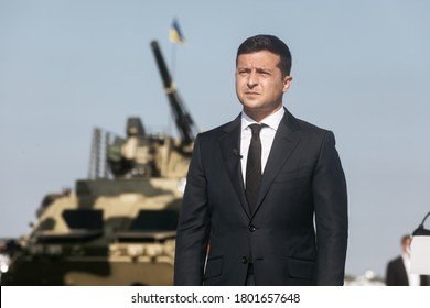 VASYLKIV, UKRAINE - Aug. 23, 2020: President Of Ukraine Volodymyr Zelensky Took Part In The Ceremony Of Raising The State Flag Of Ukraine At The Military Airfield In Vasylkiv, Kyiv Region