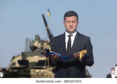 VASYLKIV, UKRAINE - Aug. 23, 2020: President Of Ukraine Volodymyr Zelensky Took Part In The Ceremony Of Raising The State Flag Of Ukraine At The Military Airfield In Vasylkiv, Kyiv Region