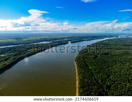 Vasyugan swamp from aerial view. Ob river top view. Pine forest on the river shore. The biggest mire in the world. Taiga forest. Siberia, Russia