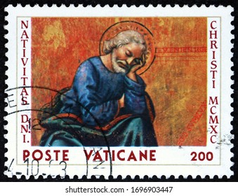 VATICAN - CIRCA 1990: A Stamp Printed In Vatican Shows St. Joseph, Detail From Painting By Sebastiano Mainardi, Italian Painter, Circa 1990