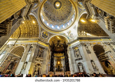 Vatican City, Vatican, 23.01.2018, The Cupola Of St Peters Basilica In Vatican City, Rome Italy From The Interior Showing Brilliant Gold And Blue Colors. The Imposing Dome Of St. Peter's Basilica