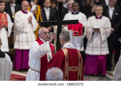 VATICAN CITY, VATICAN - APRIL 18, 2014:  Pope Francis leads the Good Friday service in St Peter's Basilica at the Vatican on April 18, 2014.
