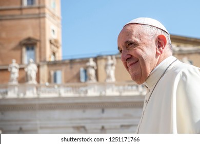 Vatican City, April 25, 2018: Pope Francis smiling to faithful as he arrives for his weekly general audience in St Peter's square at the Vatican on April 25, 2018. 