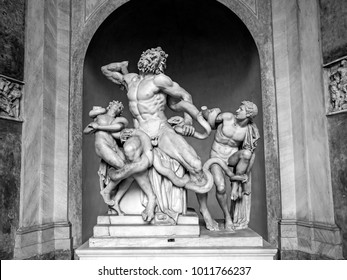 Vatican city, Italy - November 19, 2016: The Laocoon sculpture (Laocoon group in the Vatican Museums. Trojan priest Laocoon and his two sons losing a battle to the death with two sea serpents. b&w