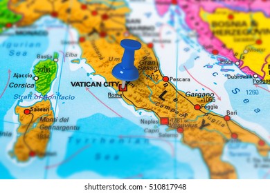 Vatican City In Italy Pinned On Colorful Political Map Of Europe. Geopolitical School Atlas. Tilt Shift Effect.