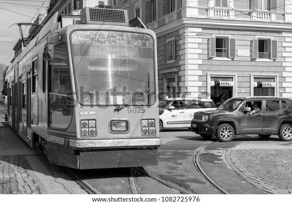VATICAN CITY,\
MARCH 08, 2018: Black and white picture of tram, one of the most\
used transportation in Vaticano\
City.
