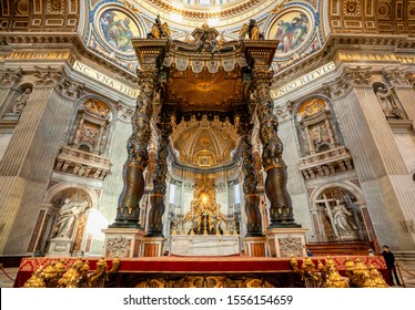 VATICAN CITY, VATICAN - MAY 07, 2019: The Papal Basilica of St. Peter in the Vatican is an Italian Renaissance church in Vatican City. The altar with Bernini's baldacchino.