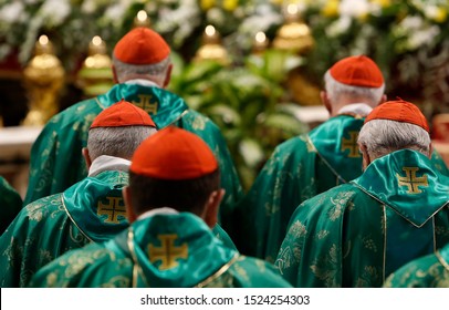 Vatican City, October 6, 2019. Cardinals attend a mass celebrated by Pope Francis for the opening of the Synod of Bishops for the Amazon region, in St. Peter's Basilica.