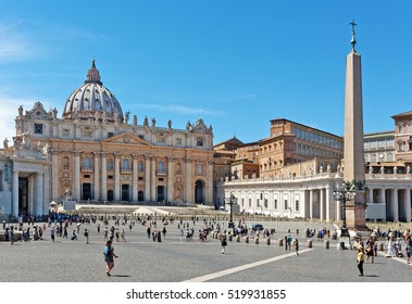 Vatican City, Rome - August 15, 2016: St. Peterâ??s Basilica, Vatican square and the Egyptian obelisk at the center of the Vatican square erected at the current site in 1586.