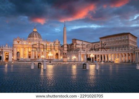 Vatican City, Rome, Italy. Cityscape image of illuminated Saint Peter's Basilica and St. Peter's Square, Vatican City, Rome, Italy at sunrise.
