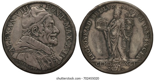 Vatican City Silver Coin 1 One Piastre 1690, Ruler Pope Alexander VIII, Bust In Rich Clothes Right, Standing Figure In Toga And Tiara, Holding Church And Staff, 