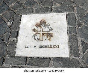 Vatican City, VA, Vatican - August 16, 2020:marble tablet indicating the site of the Attempted assassination of Pope John Paul II and the date in Roman numerals