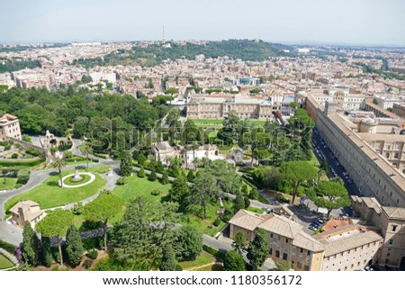 Vatican cityscape with the famous gardens from the dome of St Peter's Basilica