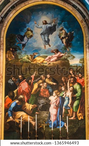 Vatican - December 9, 2018: Replica of painting The Altar of Transfiguration by Italian High Renaissance master Raphael Sanzio (Raphael Senti) 1520  inside St. Peter's basilica.