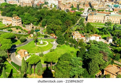 Vatican Gardens In Rome, Italy. Scenic Aerial View Of Vatican City From St Peter Basilica. Nice Landscape Of Rome In Summer, Scenery Of Old Houses And Green Trees In Roma Center. Urban Landscaping.