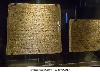 Vatican, Italy - January, 04, 2020. Ancient Mesopotamia cuneiform tables on display of the Museums of Vatican. The Museum holds one of the biggest collection of Ancient Mesopotamiaart objects.