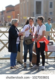 The Vatican, Rome, Italy, 09.25.2016. A Brief Break In The Three Women Of The Vatican's Staff, During The Papal Mass At St. Peter's Square