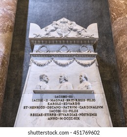 VATICAN,ROME, ITALY - MARCH 16, 2016: Beautiful monument to the Stuarts inside St. Peters Basilica ( Famous Roman Landmark ). Masterpiece by Italian sculptor Antonio Canova. Europe
