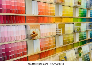 Vaughan, Ontario, Canada - October 22, 2012: Selection of color coded paint chips on a display shelf in a store