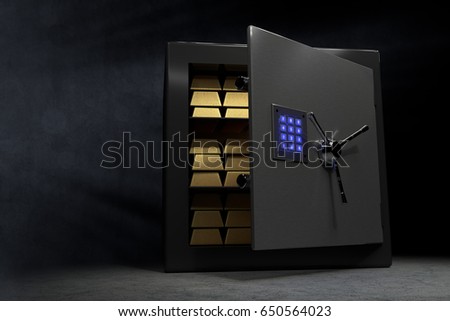 A vault with a couple of golden bars and a bluish glowing combination lock at the opened door