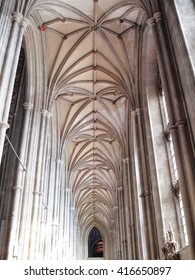 The vaulted ceiling of Canterbury Cathedral in Canterbury Kent, England, UK, which was founded by St Augustine in AD602 and is the cathedral of the Archbishop of Canterbury