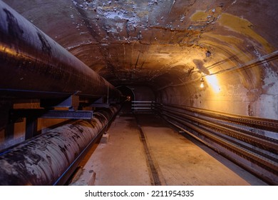 Vaulted Concrete Underground Tunnel Of Sewer, Heating Duct Or Water Supply System.