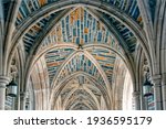 Vaulted stone ceilings of the courtyard archway and Duke University Chapel in Durham North Carolina