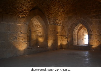 Vaulted walls with gothic windows in the main hall of the Ajlun fortress