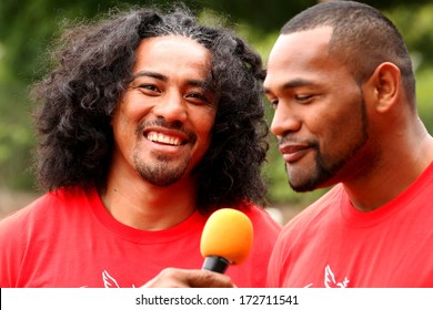 VAVAU, TONGA - NOVEMBER 17: Fuifui Moimoi Gives Interview Upon Arrival At His Home Island On November 17, 2013 In Tonga. Fuifui Is Tonga International Representative Forward In Rugby League. 