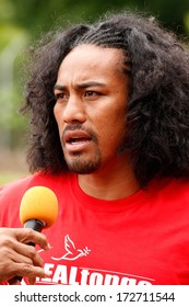 VAVAU, TONGA - NOVEMBER 17: Fuifui Moimoi Gives Interview Upon Arrival At His Home Island On November 17, 2013 In Tonga. Fuifui Is Tonga International Representative Forward In Rugby League. 