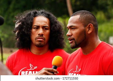 VAVAU, TONGA - NOVEMBER 17: Fuifui Moimoi Gives Interview Upon Arrival At His Home Island On November 17, 2013 In Tonga. Fuifui Is Tonga International Representative Forward In Rugby League. 