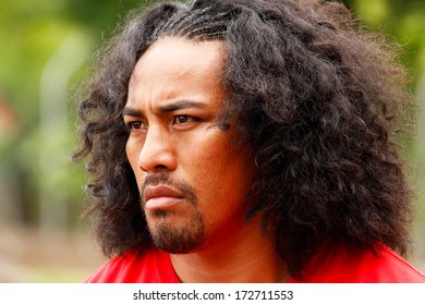 VAVAU, TONGA - NOVEMBER 17: Fuifui Moimoi Gives Interview Upon Arrival At His Home Island On November 17, 2013 In Tonga. Fuifui Is Tonga International Representative Forward In Rugby League. 