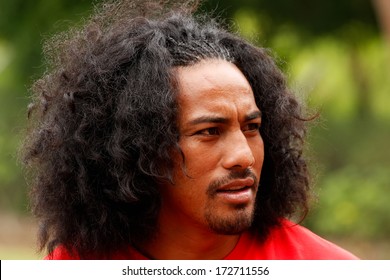 VAVAU, TONGA - NOVEMBER 17: Fuifui Moimoi Gives Interview Upon Arrival At His Home Island On November 17, 2013 In Tonga. Fuifui Is Tonga International Representative Forward In Rugby League. 