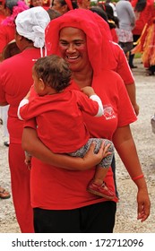 VAVAU, TONGA-NOVEMBER 17: Unidentified Woman Celebrates Arrival Of Fuifui Moimoi On His Home Island On November 17, 2013 In Tonga. Fuifui Is Tonga International Representative Forward In Rugby League.