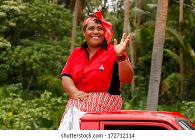 VAVAU, TONGA-NOVEMBER 17: Unidentified Woman Celebrates Arrival Of Fuifui Moimoi On His Home Island On November 17, 2013 In Tonga. Fuifui Is Tonga International Representative Forward In Rugby League.