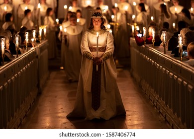 Vaxjo, Sweden - December, 2019. Saint Lucia Day Choir Celebrates The Coming Of Christmas In The Church