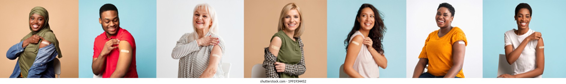 V-Day. Portrait Of Happy Smiling Multicultural People Showing Vaccinated Shoulder Hand With Patch After Getting Antiviral Covid Vaccine Jab, Posing On Studio Background, Looking At Camera, Banner - Shutterstock ID 1991934452