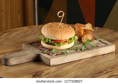 Burger On Wooden Plate Hd Stock Images Shutterstock
