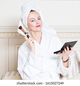 Veautiful Lady Making Makeup In The Morning, Wearing Bath Towel. Healthy Sin, Happy Female. Skincare Facial Treatment Concept